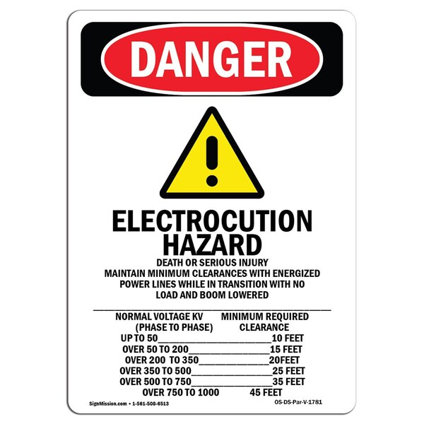 Signmission OSHA Sign, 10" Height, Rigid Plastic, Electrocution Hazard, Portrait, V-1781 OS-DS-P-710-V-1781 - main